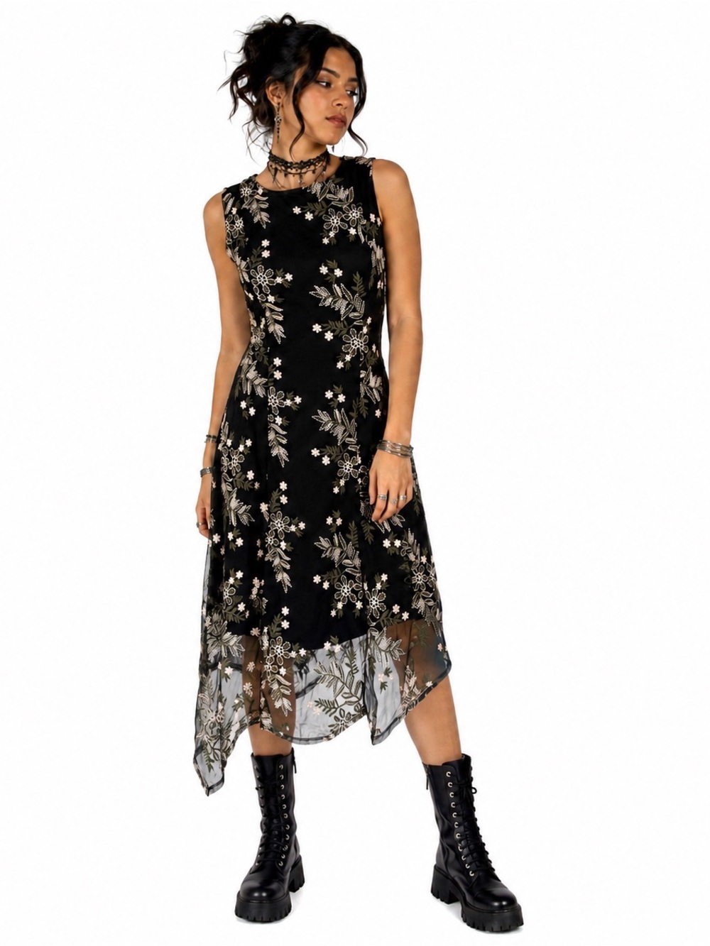 Alfani Black Floral Embroidered Mesh Midi Dress S Asymmetrical Whimsigoth Y2K 6